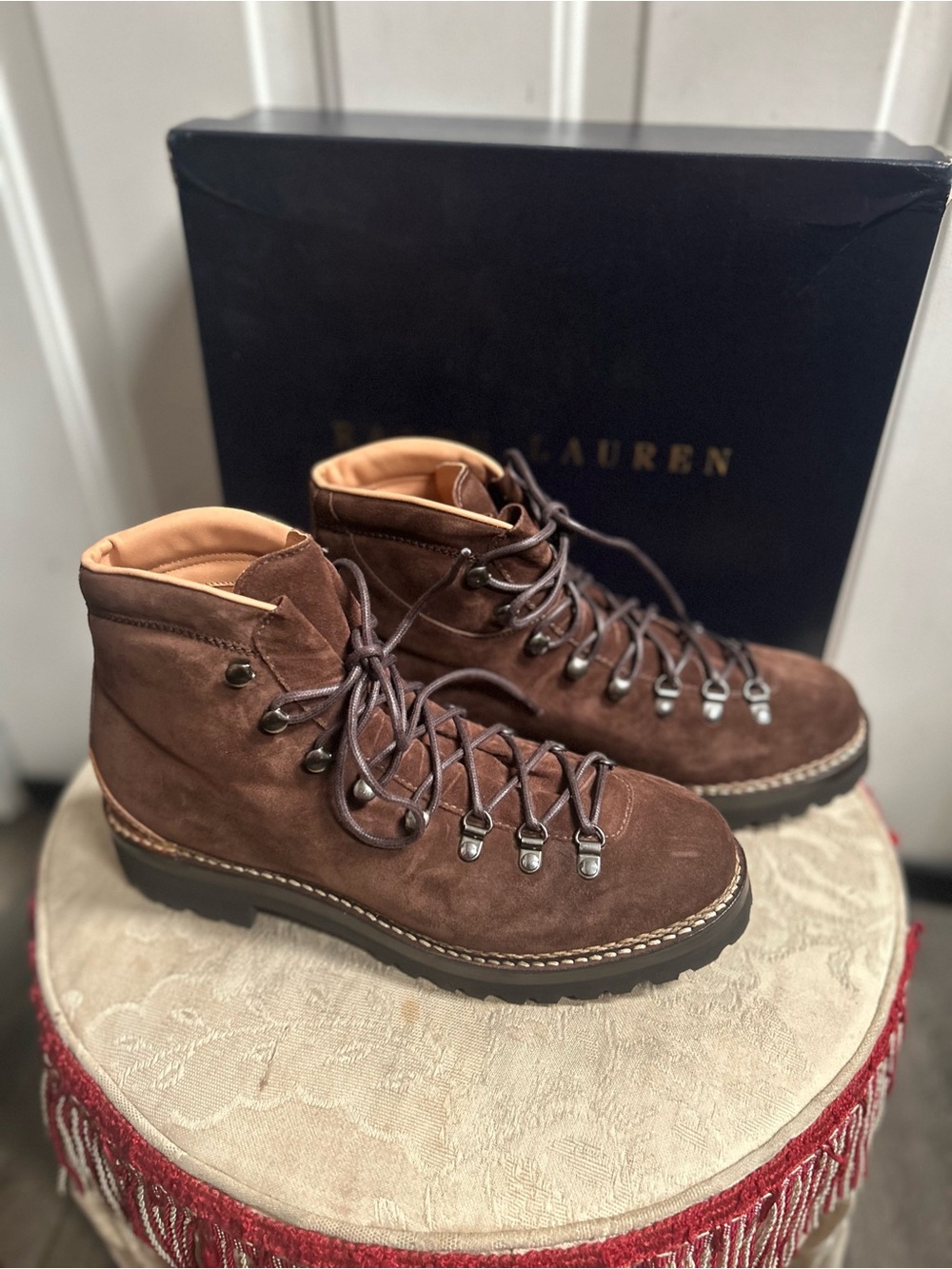 Ralph Lauren Darrow Calf Dark Brown Suede Lace-Up Purple Label Boots Sz 10.5